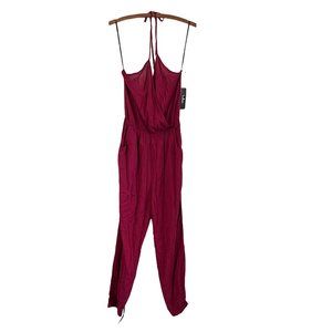 Lulus Womens Burgundy Halter Open Back Jumpsuit Size Large